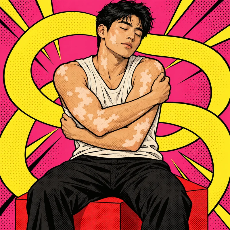 彩色线条背景中拥抱自己的人物